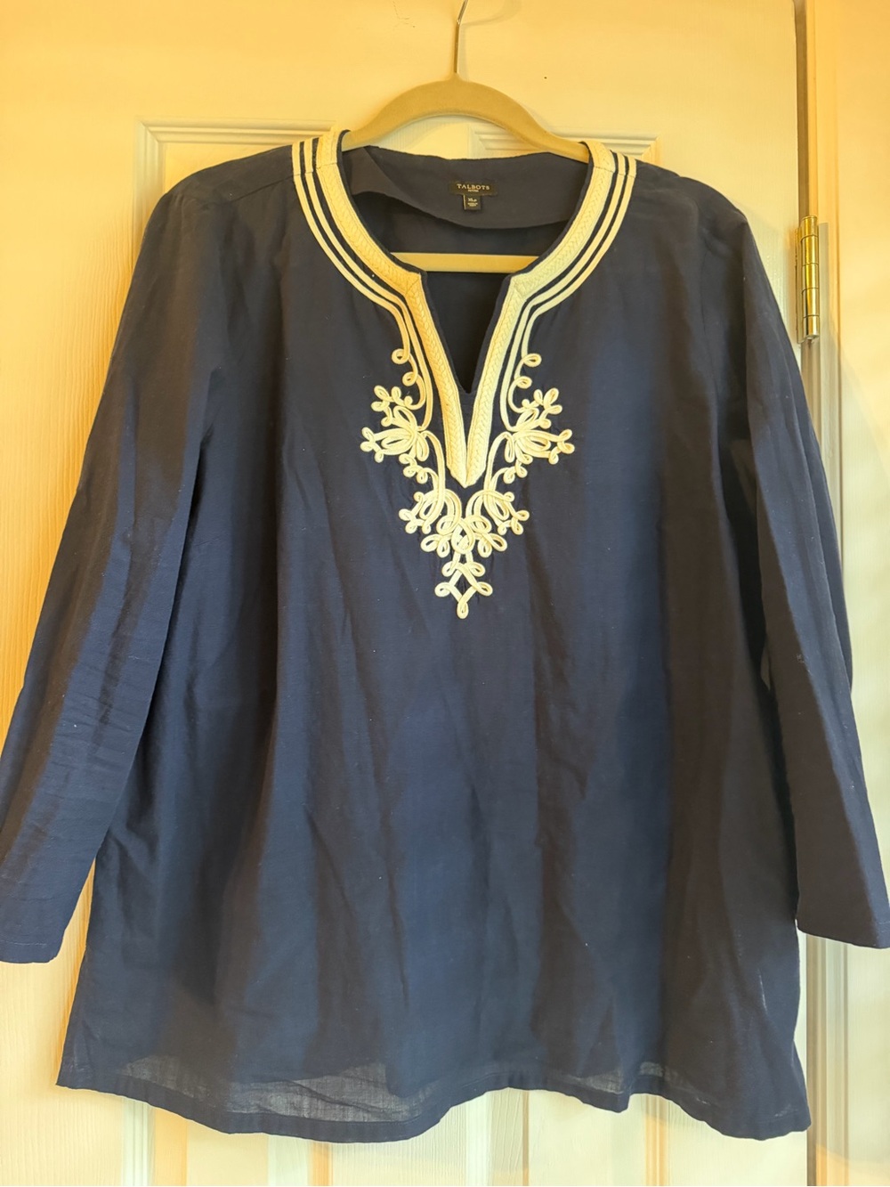 Talbots Navy Tunic with Cream Embroidered Split Neck